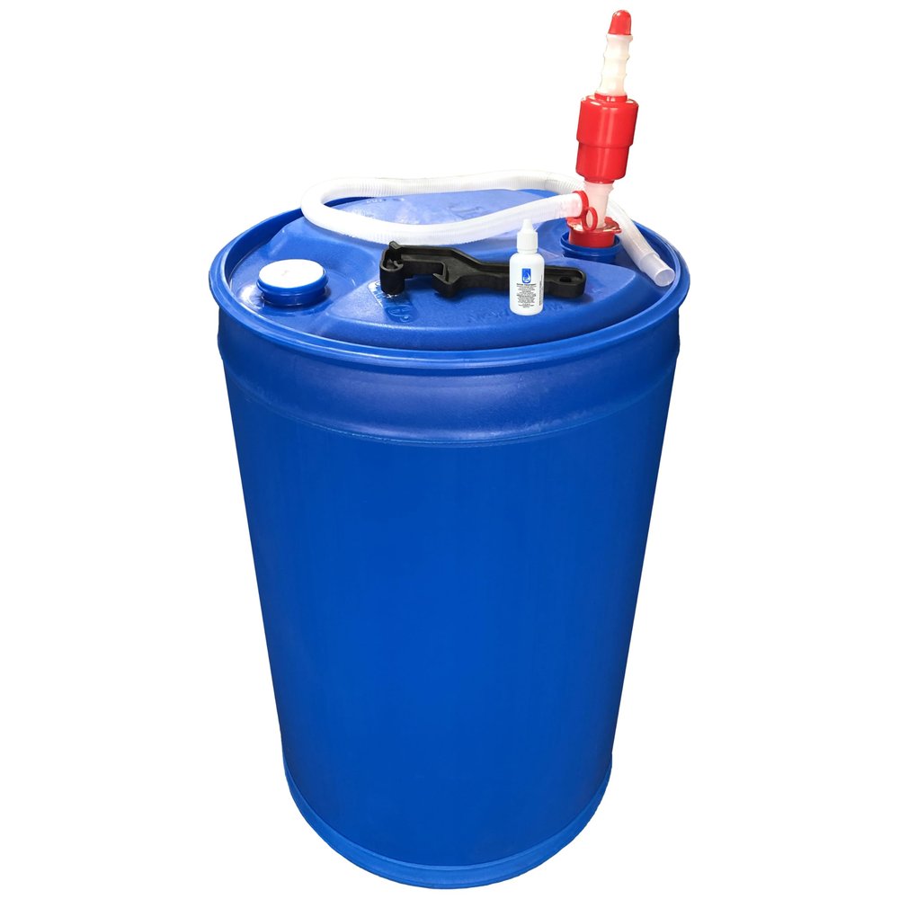Augason Farms Water Treatment and Storage Kit, 55-Gallon Water Barrel, BPA Free, Liquid Water Treatment Drops, Siphon and Hand Pump