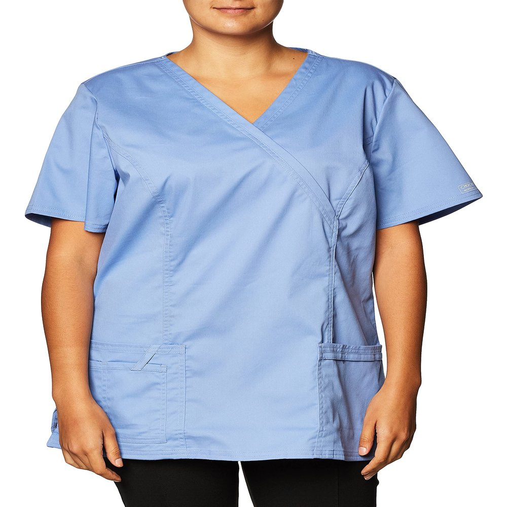 Cherokee Women's Workwear Scrubs Core Stretch Mock-Wrap Top (Small), Ciel