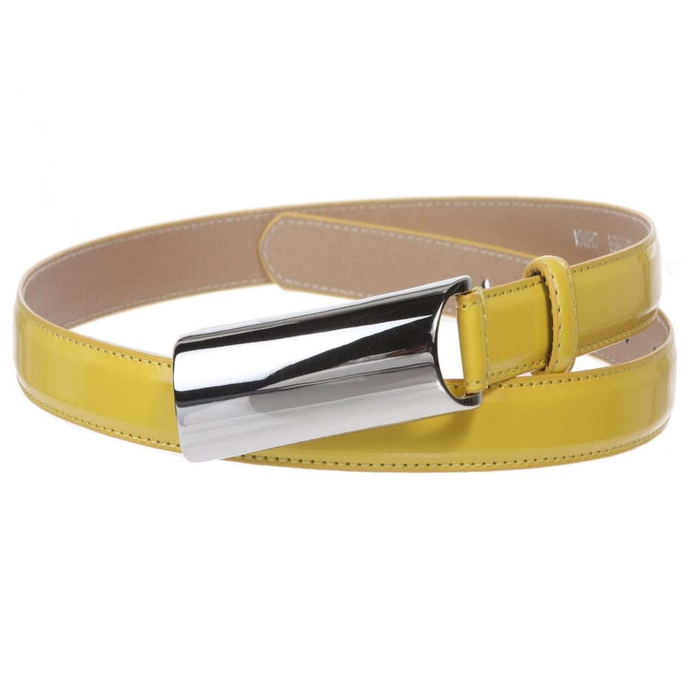 3/4 Inch Rectangular Stitching Feather Edged Skinny Patent Leather Belt Size: S/M - 32 Color: Yellow