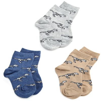 Jefferies Socks Boys 2-7 Dino Bones Triple Treat 3 Pack Socks, Fossil, 6-7.5
