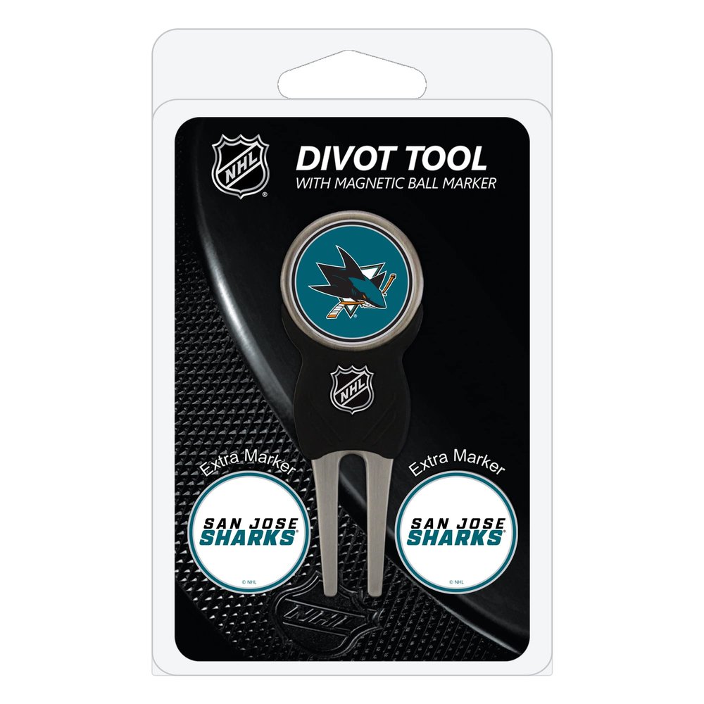 Team Golf NHL San Jose Sharks Divot Tool Pack With 3 Golf Ball Markers Divot Tool with 3 Golf Ball Markers Pack, Markers are Removable Magnetic Double-Sided Enamel