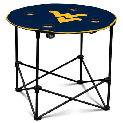 Logo Brands NCAA West Virginia Mountaineers Round Tailgating Table Portable with Foldable Legs, 4 Cup Holders, Powder-Coated Steel, and 27.6" Surface Diameter, Team Color