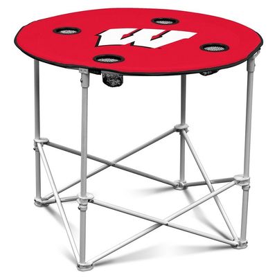 Logo Brands NCAA Wisconsin Badgers Round Tailgating Table Portable with Foldable Legs, 4 Cup Holders, Powder-Coated Steel, and 27.6" Surface Diameter, Team Color