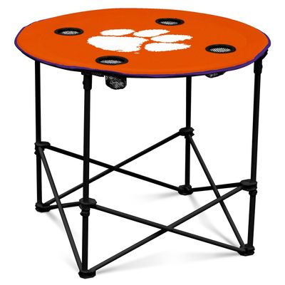 Logo Brands NCAA Clemson Tigers Round Tailgating Table Portable with Foldable Legs, 4 Cup Holders, Powder-Coated Steel, and 27.6" Surface Diameter, Team Color