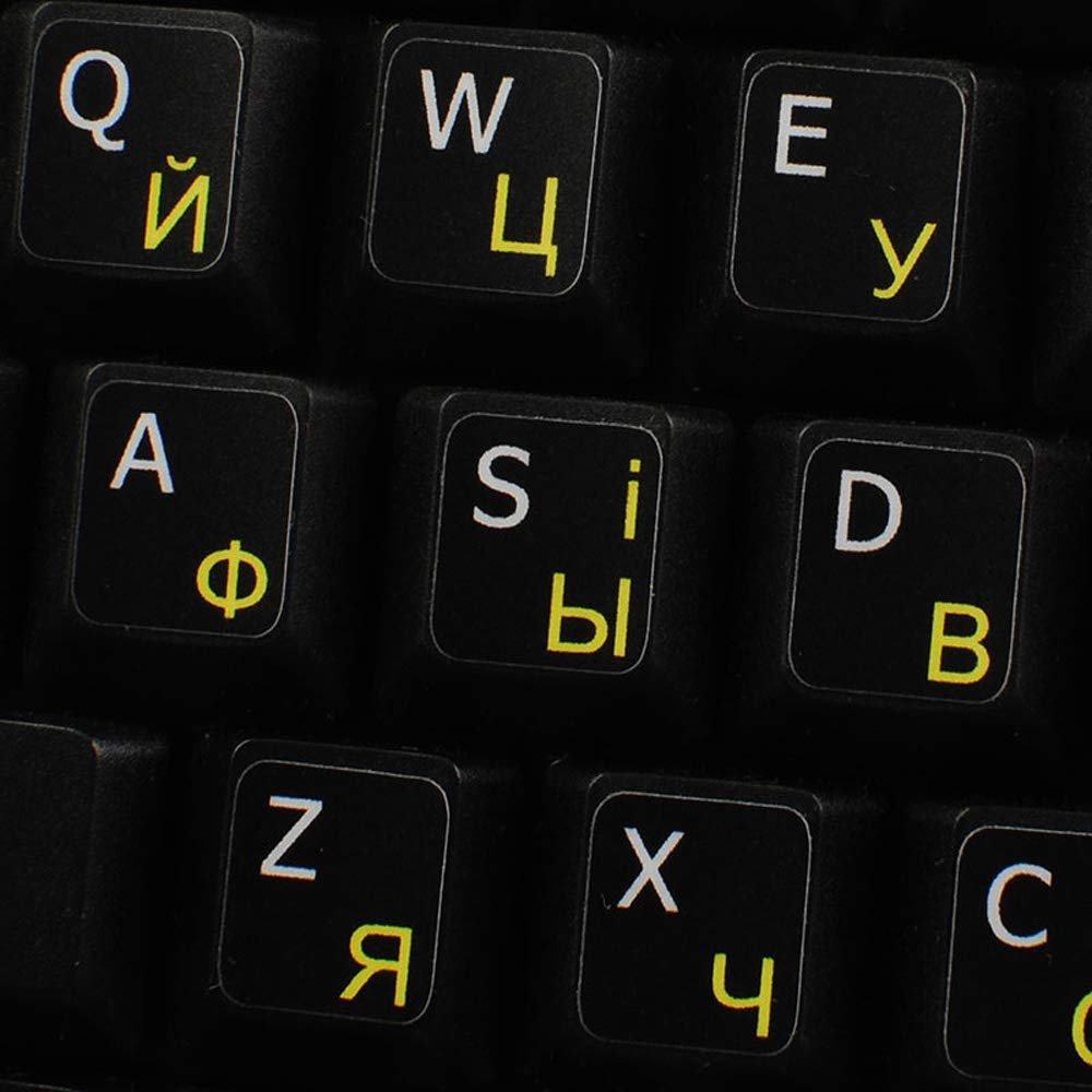 English - Russian Cyrillic - Ukrainian Stickers for Keyboard Non-Transparent Black Background for Desktop, Laptop and Notebook