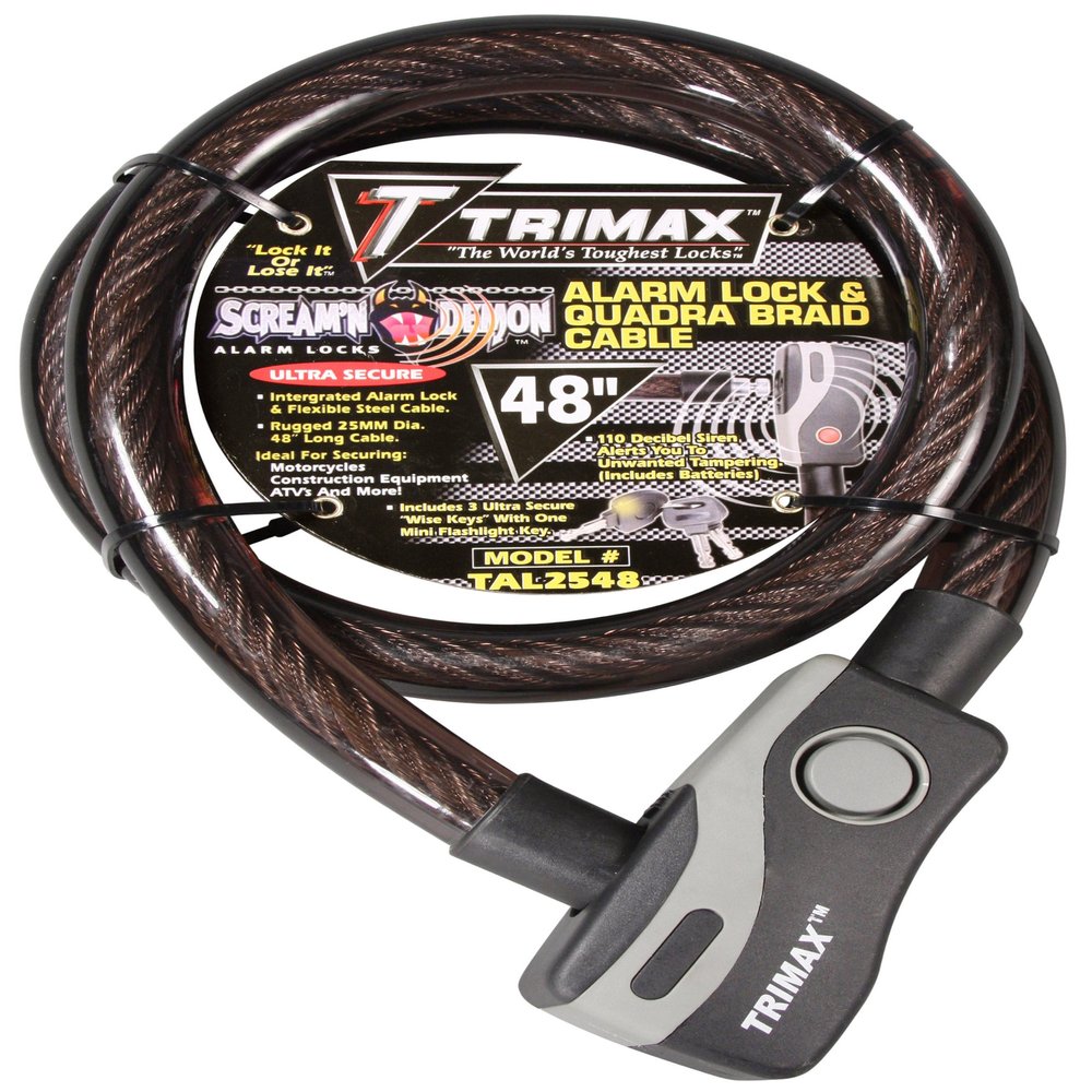 Trimax Alarmed Lock & Quadra-Braid Cable 4' L X 25Mm TAL2548, Card Packaging , Black