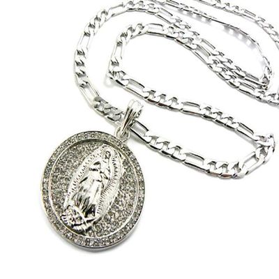 NYFASHION101 Round Saint Mary Pendant w/ 5mm 24" Figaro Chain Necklace in Silver-Tone MSP155R