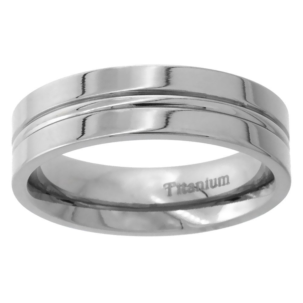 6mm Titanium Wedding Band Ring Convex Groove Center Flat Polished Finish Comfort Fit Size 12.5