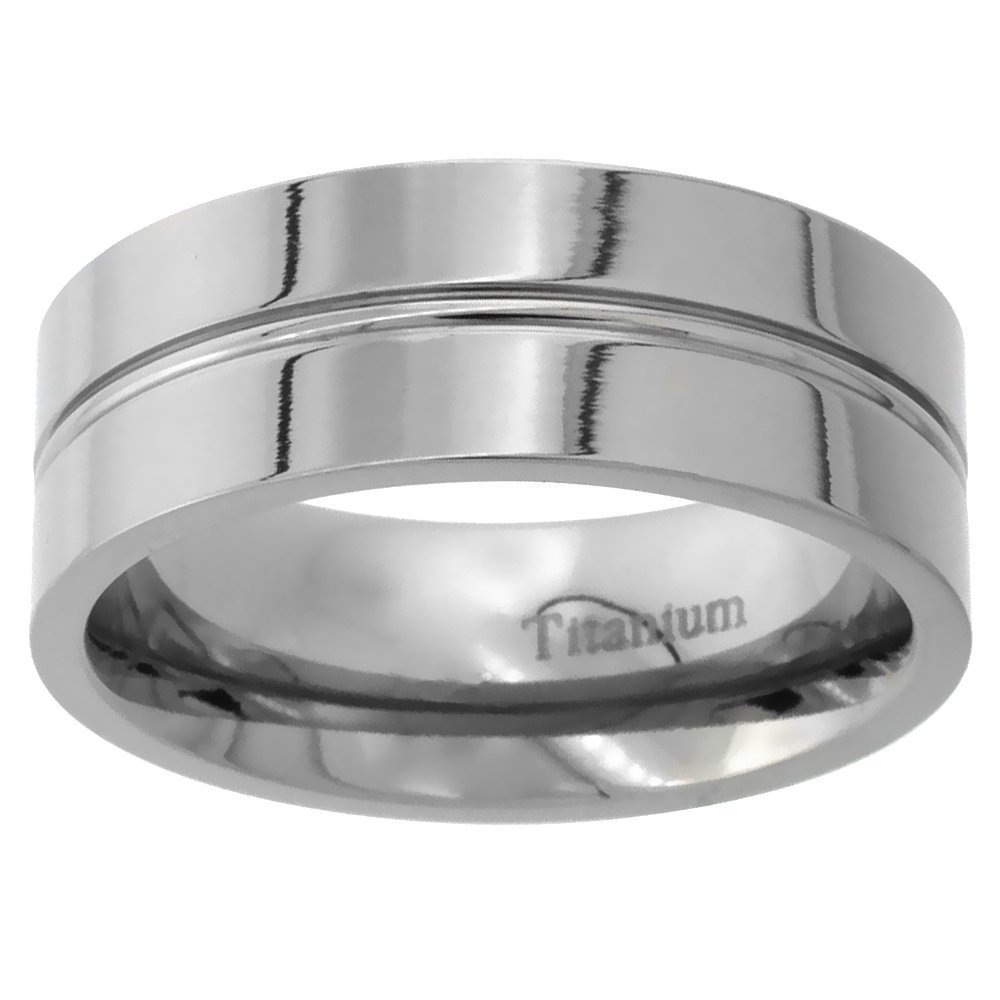 8mm Titanium Wedding Band Ring Convex Groove Center Flat Polished Finish Comfort Fit Size 13