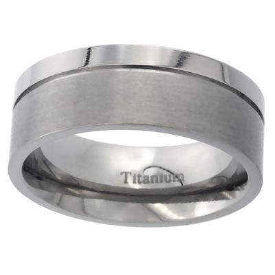 8mm Titanium Wedding Band Ring Grooved Squared Edges Brushed & Polished Finish Comfort Fit Size 9
