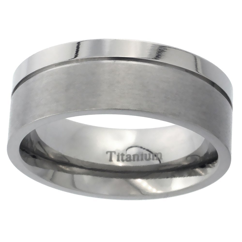 8mm Titanium Wedding Band Ring Grooved Squared Edges Brushed & Polished Finish Comfort Fit Size 12.5