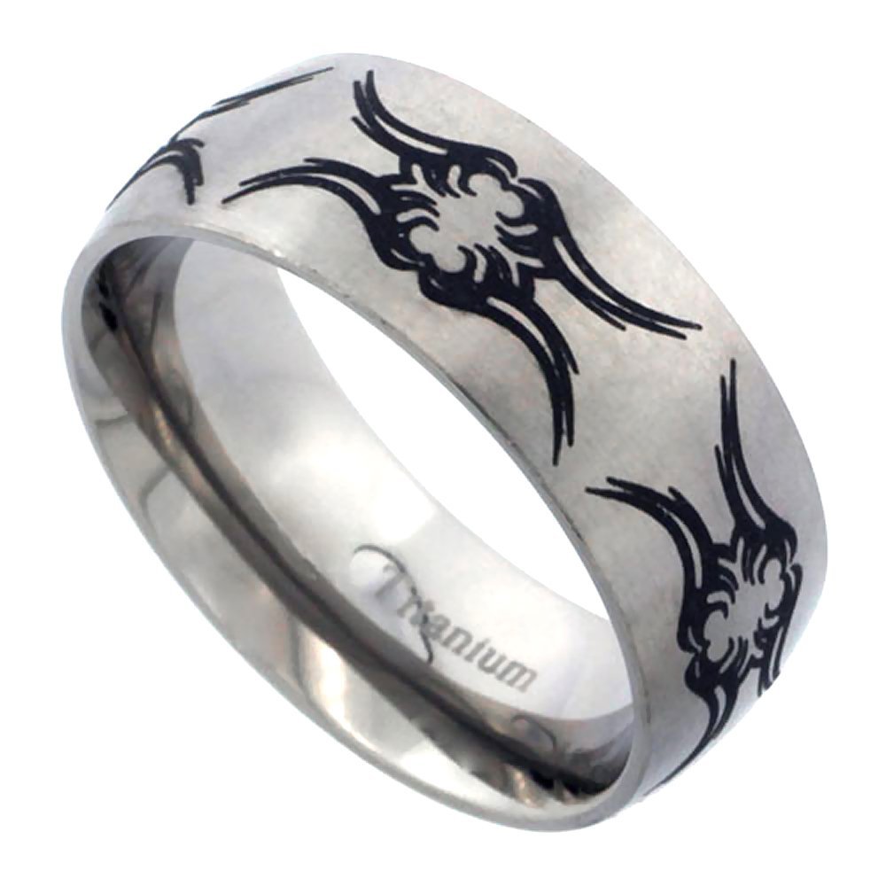 Sabrina Silver 8mm Titanium Wedding Band Tribal Ring Bee Pattern Brushed Finish Comfort Fit Size 10.5