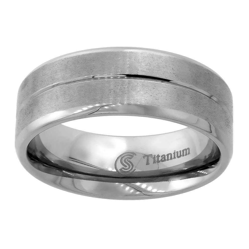 8mm Titanium Wedding Band Ring Grooved Center Brushed Finish Beveled Edges Flat Comfort Fit Size 7