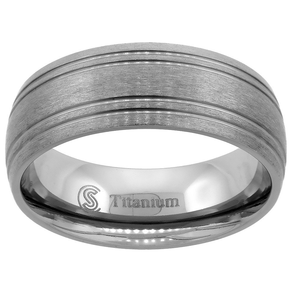 8mm Titanium Wedding Band Ring 4 Grooves Brushed Finish Domed Comfort Fit Size 13.5