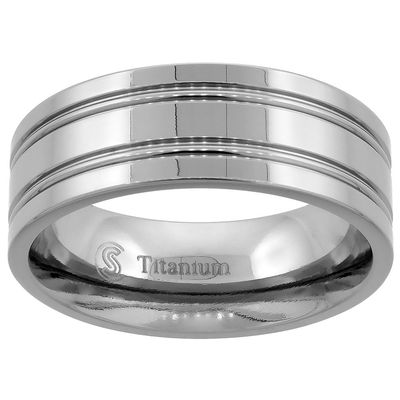 8mm Titanium Wedding Band Ring 2 Grooves Flat Polished Finish Comfort Fit Size 8
