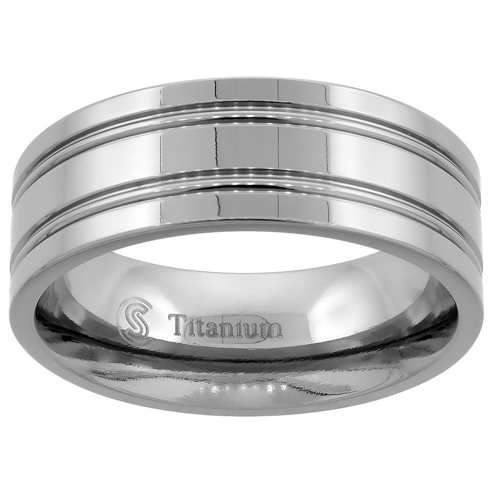 8mm Titanium Wedding Band Ring 2 Grooves Flat Polished Finish Comfort Fit Size 8