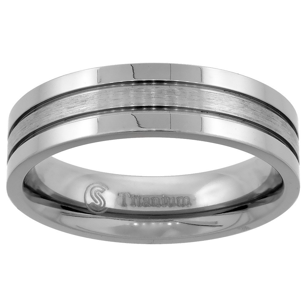 6mm Titanium Wedding Band Ring 2 Grooves Brushed Center Flat Comfort Fit Size 10