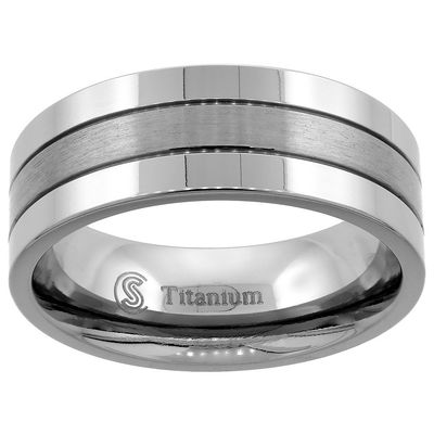 8mm Titanium Wedding Band Ring 2 Grooves Brushed Center Flat Comfort Fit Size 9.5