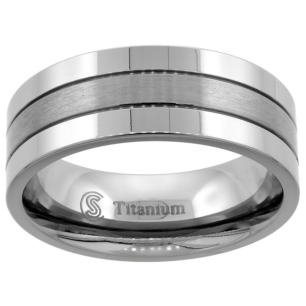 8mm Titanium Wedding Band Ring 2 Grooves Brushed Center Flat Comfort Fit Size 12