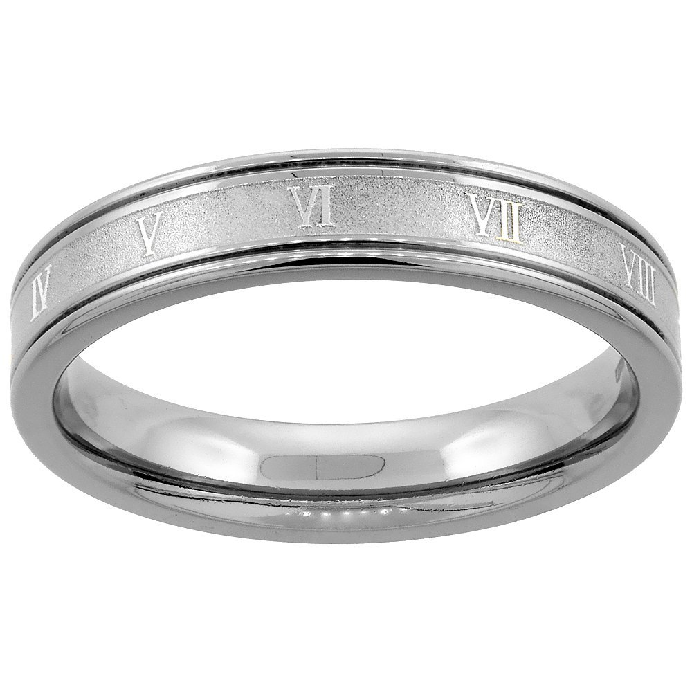 4.5mm Titanium Wedding Band Roman Numeral Ring Grooved Edges Flat Comfort Fit Size 9