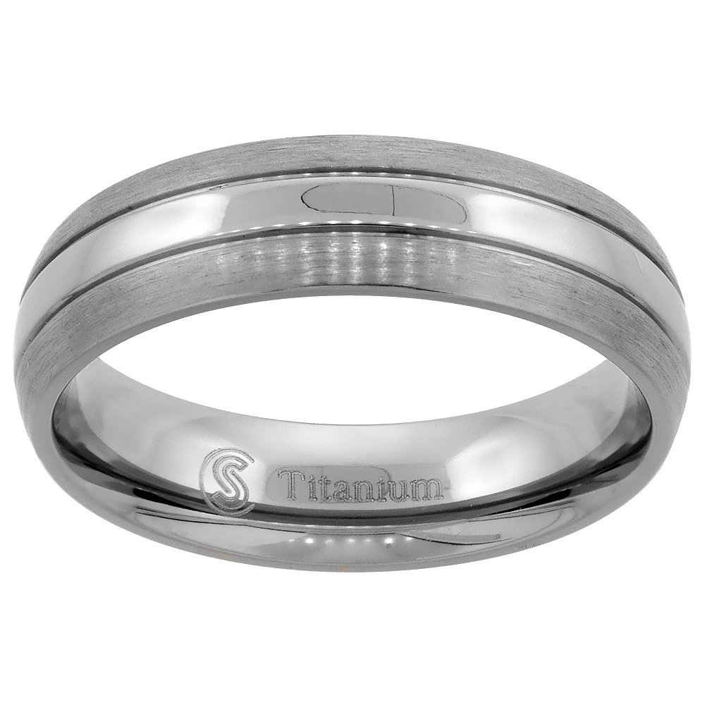 6mm Titanium Wedding Band Ring Polished Stripe Center Brushed Edges Domed Comfort Fit Size 12