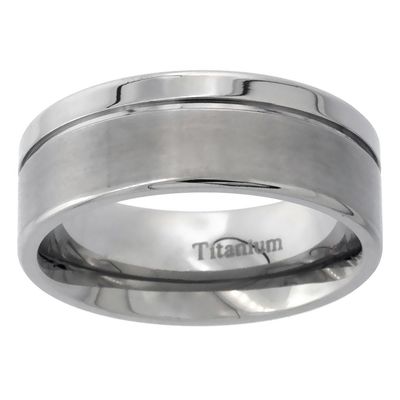 Sabrina Silver 8mm Titanium Wedding Band Ring Brushed Finish one Polished Grooved Edges Flat Comfort Fit Size 13.5