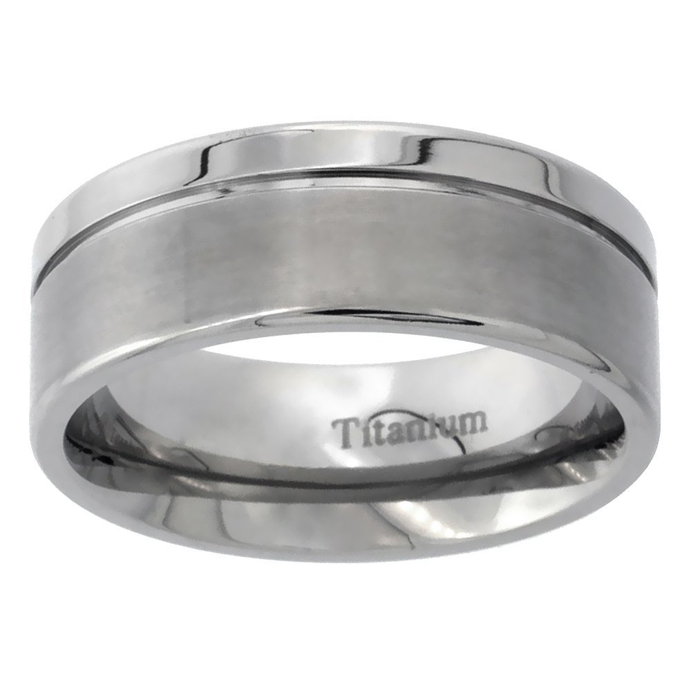 Sabrina Silver 8mm Titanium Wedding Band Ring Brushed Finish one Polished Grooved Edges Flat Comfort Fit Size 13.5