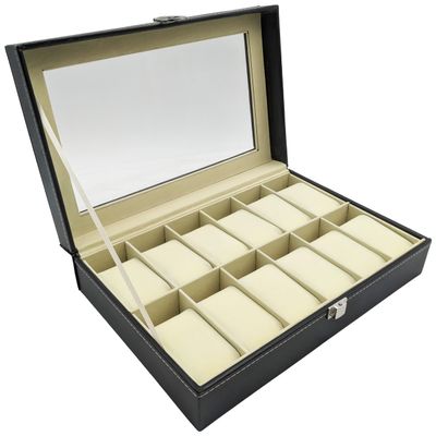 Science Purchase Large Watch Box with 12 Compartments, Black Faux Leather Display Case with Glass Top - Jewelry Organizer (13" x 7" x 3")