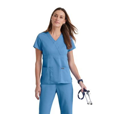 Grey's Anatomy Women's Junior Fit 3 Pocket Mock Wrap Scrub Top, Ceil, Medium