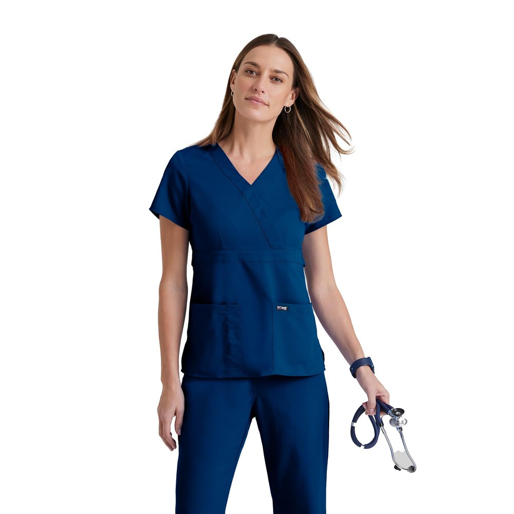 Grey's Anatomy Barco Women's Junior Fit 3 Pocket Mock Wrap Scrub Top, Indigo, X-Small