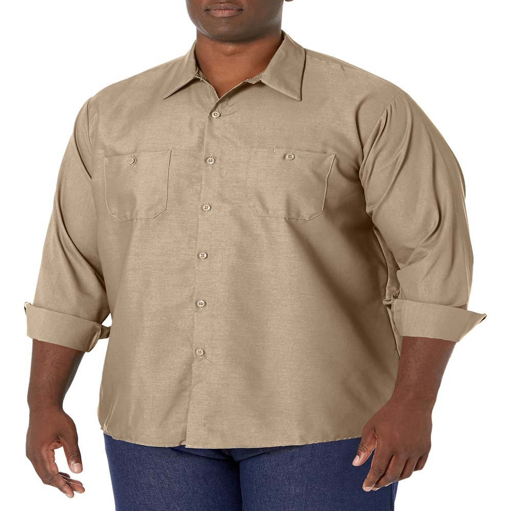 Red Kap Men's Wrinkle-Resistant Cotton Work Shirt, Khaki, Long Large