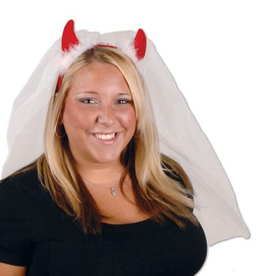 Beistle Devil Horns Headband with Veil, Novelty Costume Party Headware for Bachelorette, Bride to Be Celebration, Wedding Shower, 12"