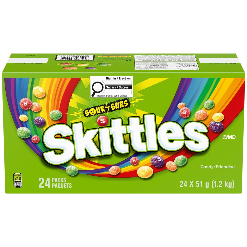 Skittles Sours Chewy Fruit Candy 51g x 24pk, Gluten-Free, Gelatin-Free, Sour Flavors: Lime, Lemon, Orange, Strawberry, Grape