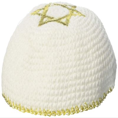 17 cm. White Wool Knitted Kippah with Gold Embroidering of Magen David