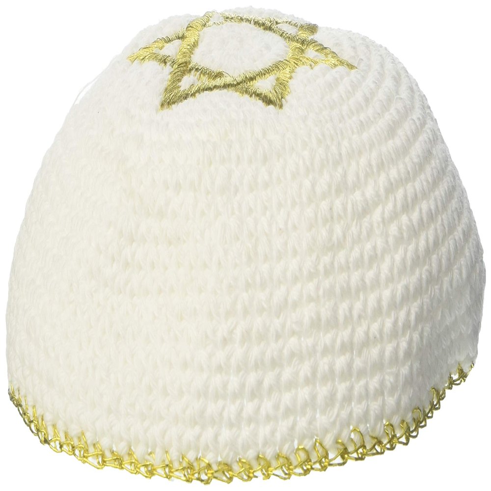17 cm. White Wool Knitted Kippah with Gold Embroidering of Magen David