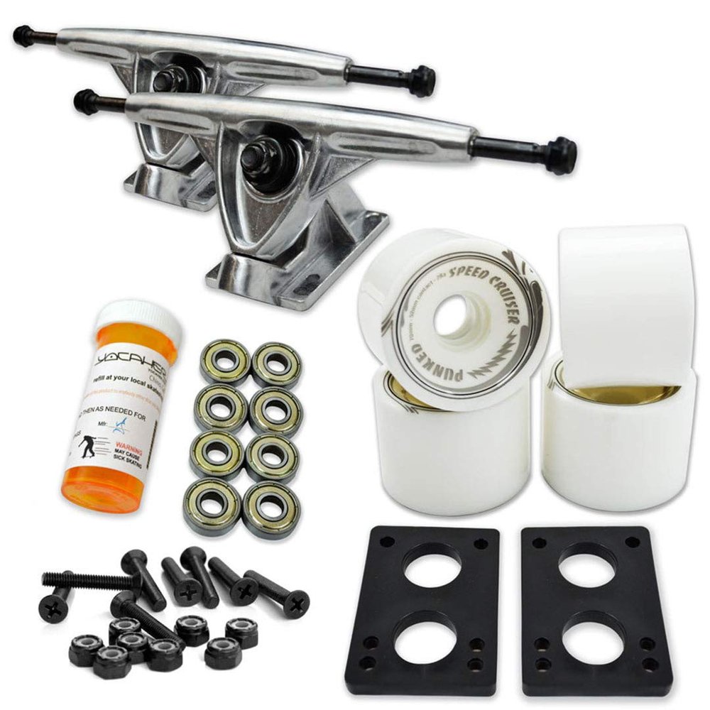Yocaher Longboard Skateboard Trucks Combo Set 71mm Wheels + 7"/180mm Heavy Duty Aluminum Polished Trucks, Bearing, Riser Pad, and Longboard Hardware Package (Solid White Wheels & Polished Trucks)