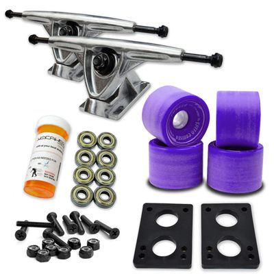 Yocaher Longboard Skateboard Trucks Combo Set 71mm Wheels + 7"/180mm Heavy Duty Aluminum Polished Trucks, Bearing, Riser Pad, and Longboard Hardware Package (Solid Purple Wheel & Polished Trucks)