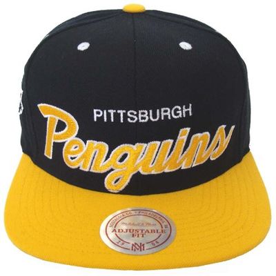 Pittsburgh Penguins Retro Mitchell & Ness Script Hat Cap Snapback Black Yellow