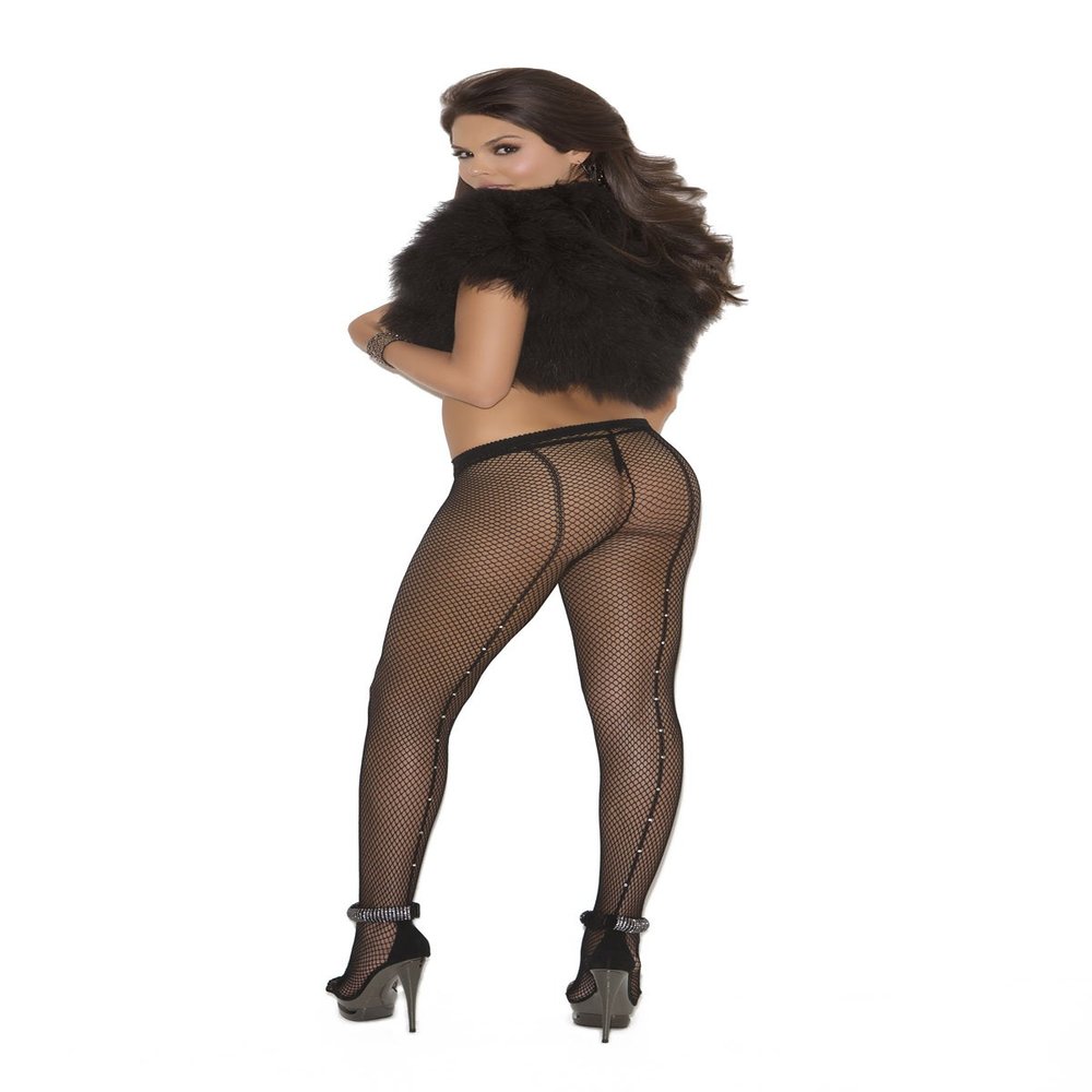 Elegant Moments Women's Plus-Size Fishnet Pantyhose with Rhinestone Back Seam, Black, One Size