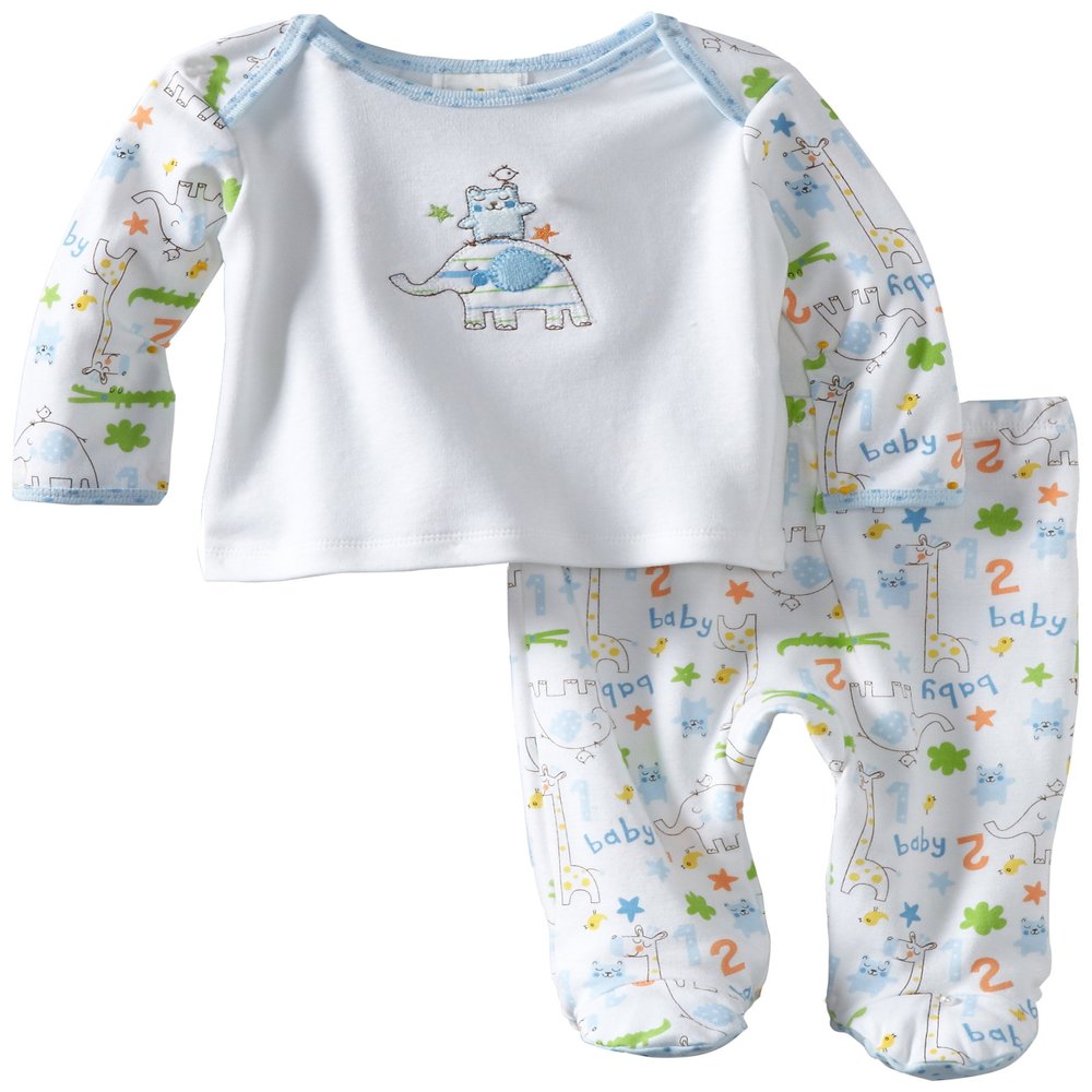 Disney ABSORBA Baby-Boys Newborn Two Piece Footed Pant Set, White/Print, 6-9 Months