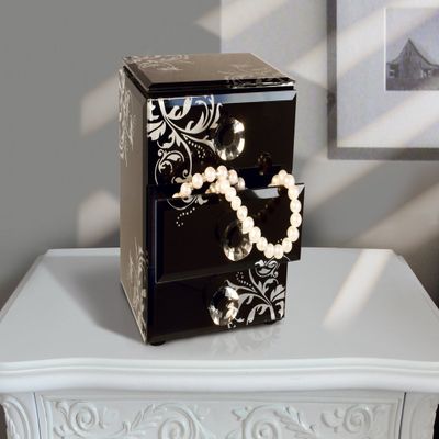 Allure by Jay Scroll Mirror Jewelry Box with 2-Drawers and Open Top, Black