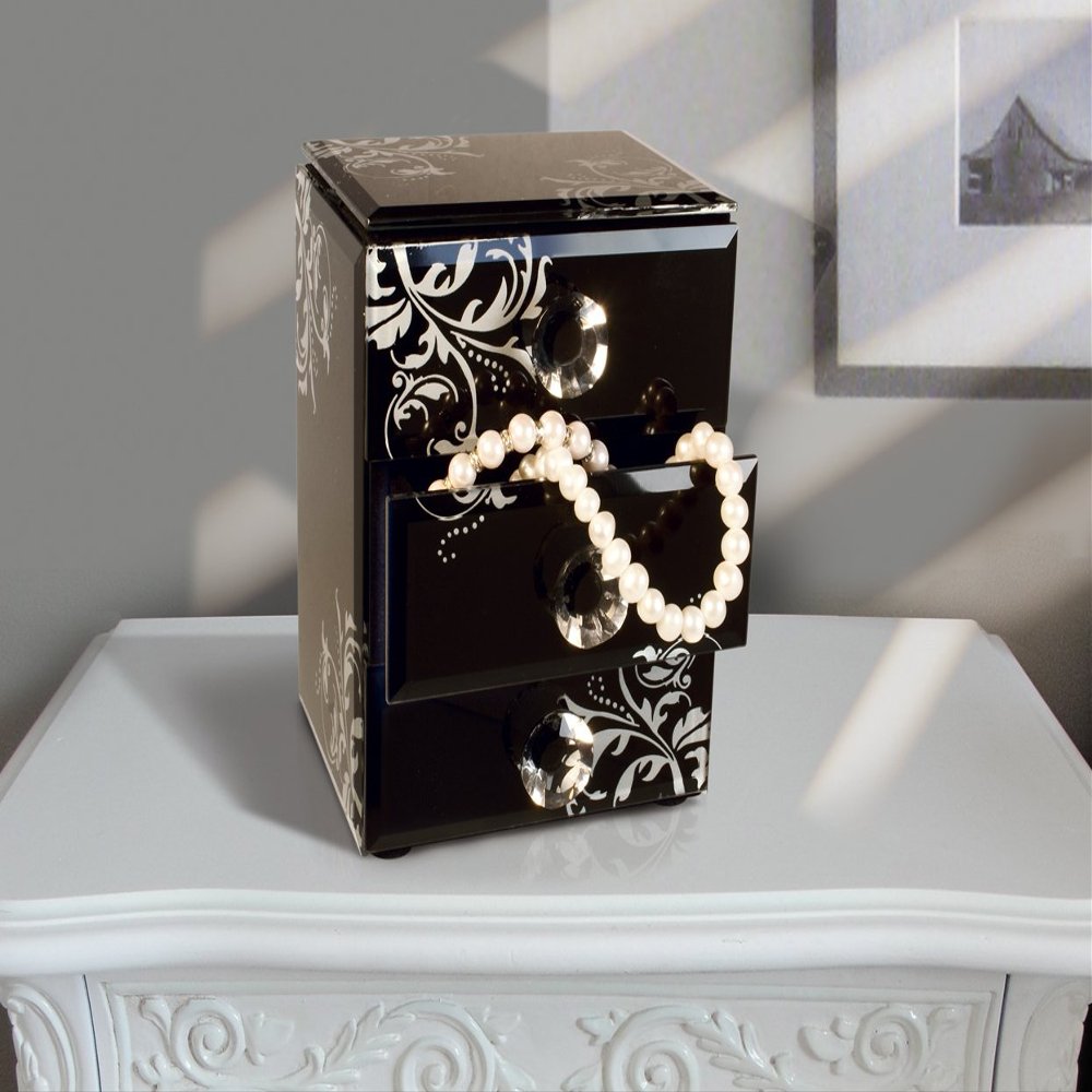 Allure by Jay Scroll Mirror Jewelry Box with 2-Drawers and Open Top, Black