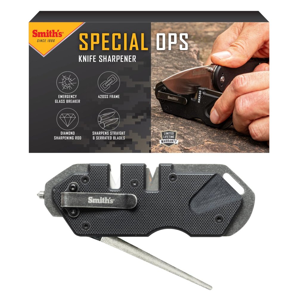 Smiths 50979 Pocket Pal Tactical Knife Sharpener - Black - 2 Stage Sharpener & Diamond Sharpening Rod - Pocket Clip - Outdoor Hunting Knife & Hook Sharpener - Compact & Lightweight