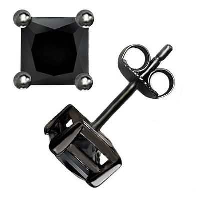 925 Sterling Silver Princess Cut Black Cubic Zirconia Stud Earrings
