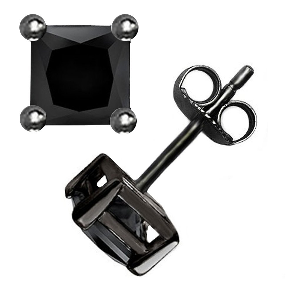 925 Sterling Silver Princess Cut Black Cubic Zirconia Stud Earrings