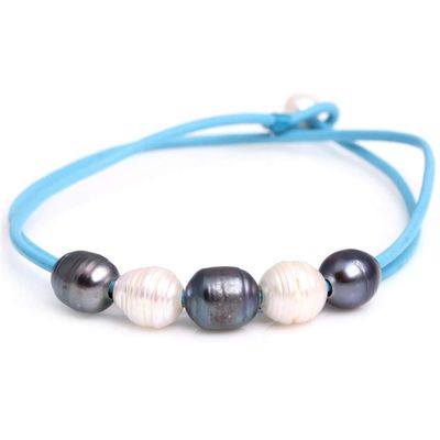 9-10mm White And Gray 5 Cultured Freshwater Pearls Dyed Strand Blue Necklace Adjustable Size 17.5Inches