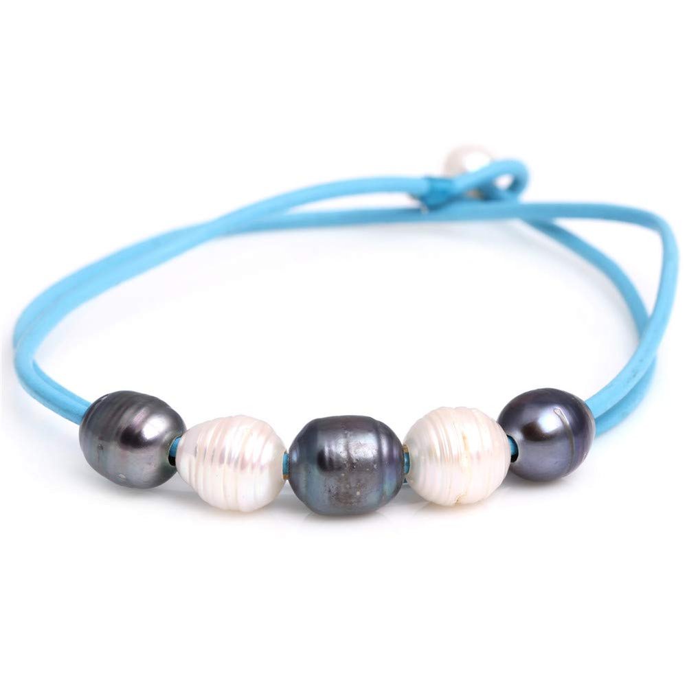 9-10mm White And Gray 5 Cultured Freshwater Pearls Dyed Strand Blue Necklace Adjustable Size 17.5Inches