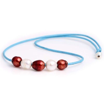 9-10mm White And Red 5 Cultured Freshwater Pearls Dyed Strand Blue Necklace Adjustable Size 17.5Inches