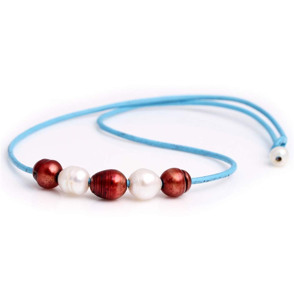 9-10mm White And Red 5 Cultured Freshwater Pearls Dyed Strand Blue Necklace Adjustable Size 17.5Inches