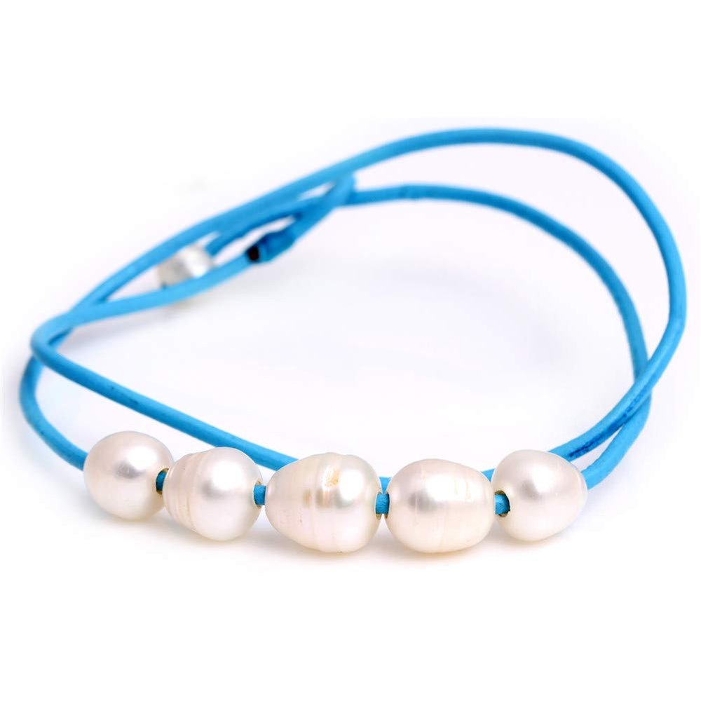 9-10mm White Cultured Freshwater Pearl 5 Beads Blue Strand Necklace Adjustable Size 17.5Inches